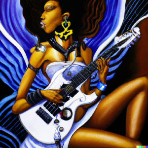 AI Generated image of a goddess playing electric guitar