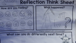 An elementary school "reflection think sheet" for a young lady who threw something at another student. It asks "What can you do differently next time?" & the answer is the Self Help Radio logo.